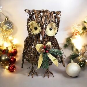 Wicker Owl Christmas Decor Festive Farmhouse